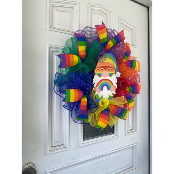 Everyone is Welcome Here Rainbow Gnome Pride Flag LGBTQ Sign Mesh Ribbon Wreath - Picture 6 of 9